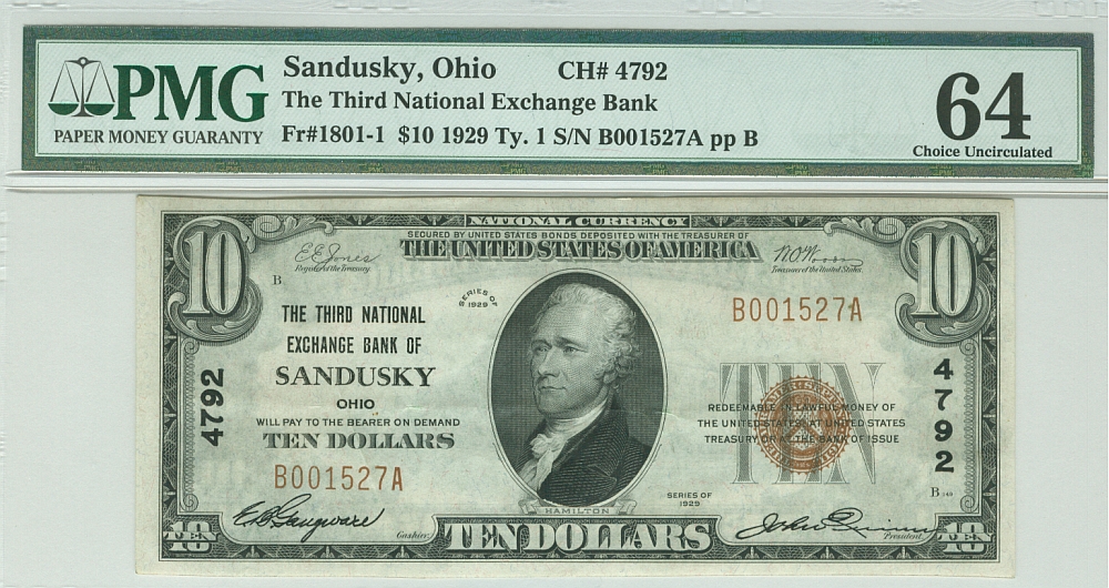 Sandusky, OH, Ch.#4792, 1929T1 $10, vChCU, PMG-64